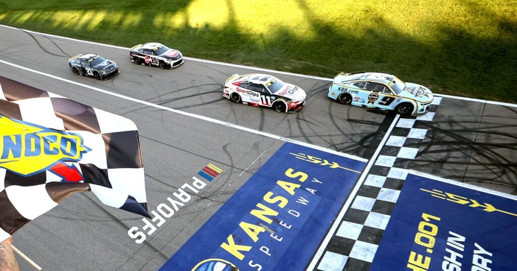 Elliott muscles by battling Toyotas to win at Kansas